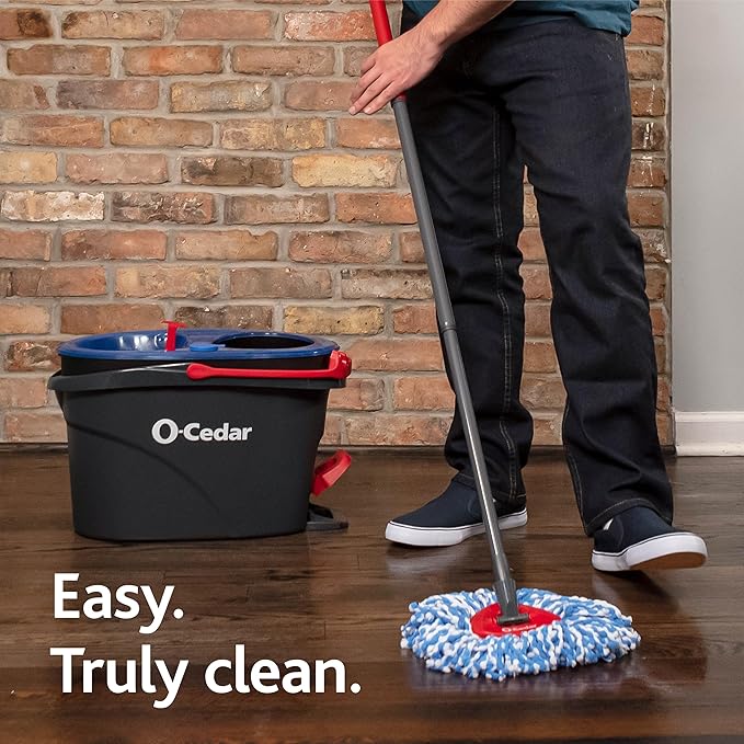 O-Cedar RinseClean Spin Mop &amp Bucket System + 2 Extra Mop Heads| Clean with Water | Removes 99% of Bacteria