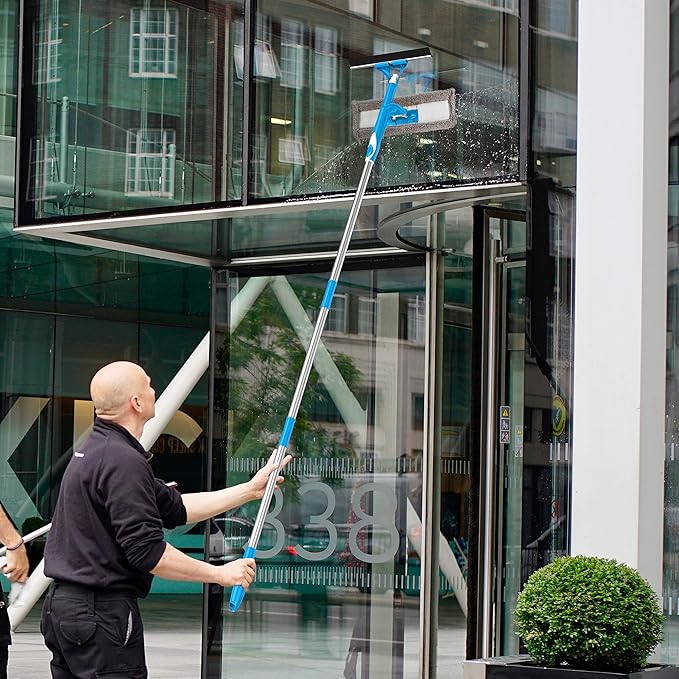 SCRUBIT Extendable Squeegee Window Cleaner- Window Cleaning Tool with Microfiber Scrubber &amp Spray Head - 58 Long Extension Pole for High Windows and Outdoor Glass Washing - Shower Cleaning Kit