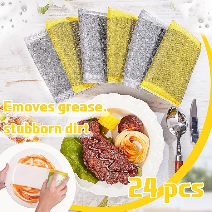 Thyle 24 Pack Steel Scrub Sponges for Dishes Non Scratch Scouring Sponge Multi Use Metal Scrubber Heavy Duty Dish Wash Kitchen Sponge for Pot Dish Washing Hard Surface Cleaning Tools (GrayYellow)