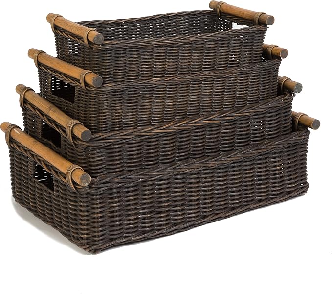 The Basket Lady Low Pole Handle Wicker Storage Basket Small 15 in L x 9 in W x 5 in H Antique Walnut Brown