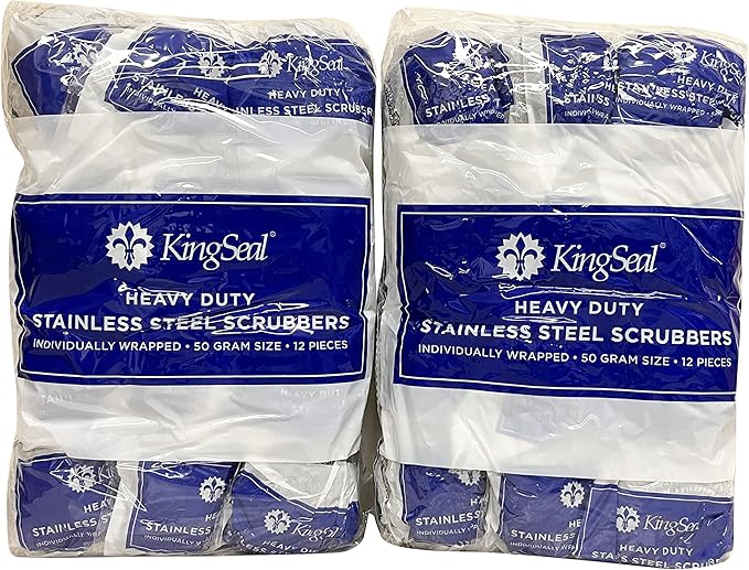 24 Count | KingSeal Stainless Steel Scrubbers Scrub Pads Heavy Duty 50 gram Weight Individually Wrapped - 2 Packs of 12 Scrubbers