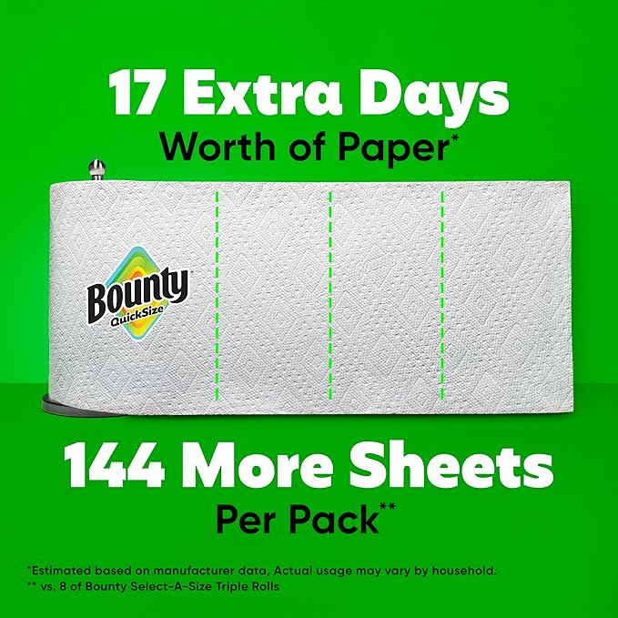 Bounty Quick-Size Paper Towels White 8 Family Triple Rolls = 27 Regular Rolls