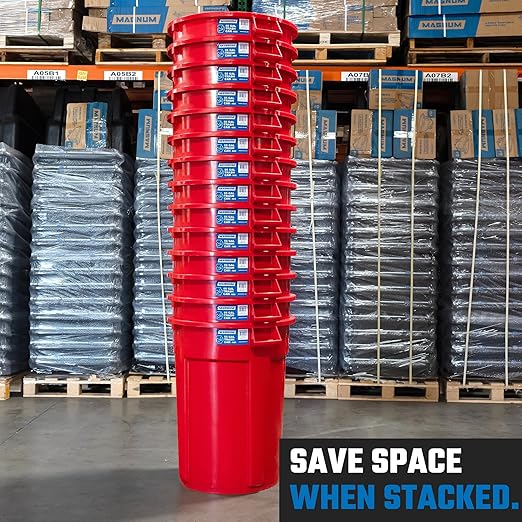 Magnum 55 Gallon Trash Can High-Vis Red Construction Grade Heavy Duty Plastic Jobsite Ready for Handling and Holding Garbage CMTC-C000-55R04 (4 Pack)