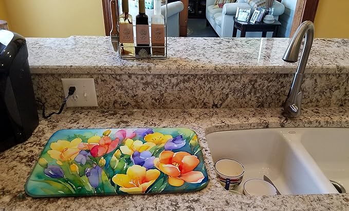 Caroline's Treasures DAC1567DDM Freesias in Watercolor Dish Drying Mat Absorbent Dish Drying Mat Pad for Kitchen Counter Dish Drainer Mat for Countertop 14 x 21 Multicolor