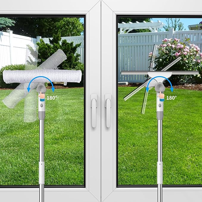 Window Cleaning Squeegee Kit 14 Silicone Blade and Microfiber Scrubber with 54 Aluminum Handle 2-in-1 Rotating Window Cleaner for Glass Doors Shower Mirrors and Home Windows – LJGG (Gray/White)