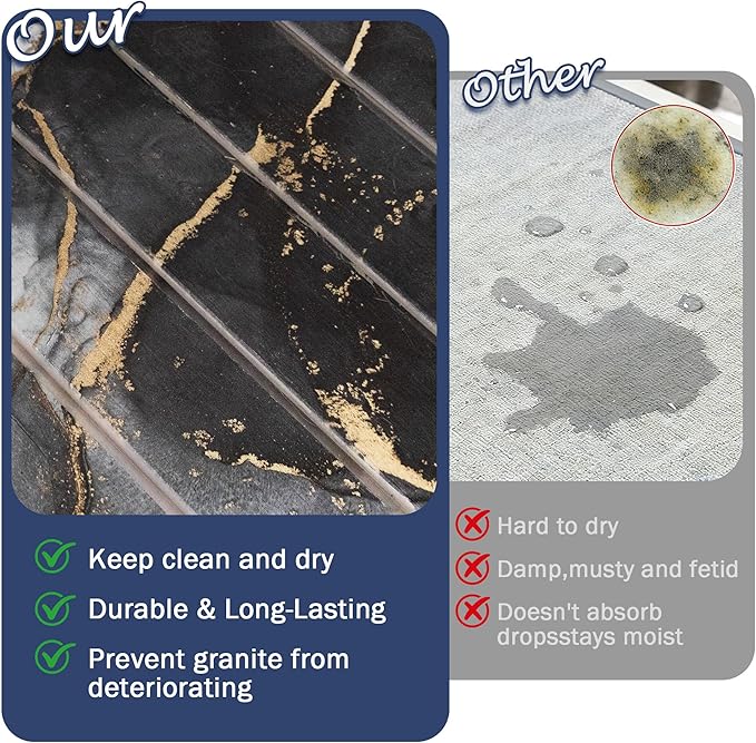 Large Stone Drying Mat for Kitchen Counter 24×16 Black Marble Quick Dish Drying Mat with Sanding Pads Non-Slip Roll Up Absorbent Diatomaceous Earth Mat for Dishes Bottles Cups