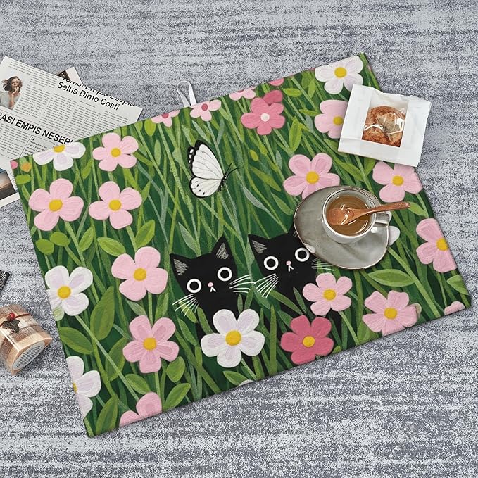Pink Floral Cat Dish Drying Mat for Kitchen Counter 18x24 Microfiber Absorbent Fast Dry Mat 2Pcs Dish Mat Faucet Mats Sets Large Drying Kitchen Mat Kitchen Drying Pad Coffee Bar Decor Gifts