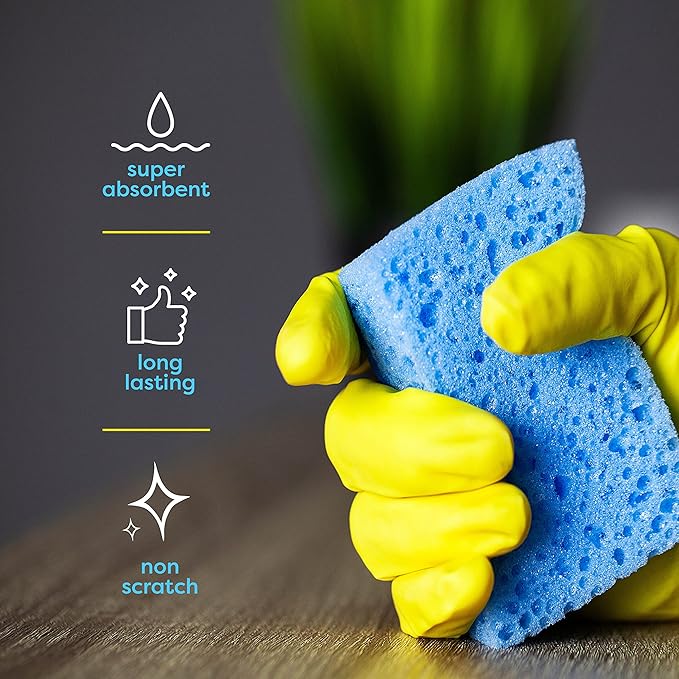SCRUBIT 48 Pack Kitchen Sponges Dish Sponge for Washing Dishes Kitchen &amp Bathroom – Blue &amp Yellow Dishwashing Sponges Along with A Thought Scrubber – Bulk Cleaning sponges Kitchen (Blue Yell