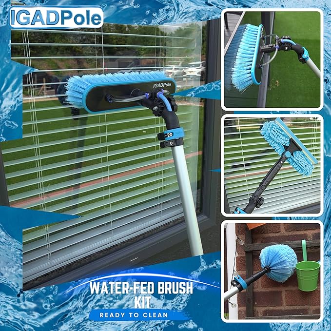 IGADPole 12 FT Water-Fed Washing Kit with Soap-Dispenser Brush 10″ Squeegee &amp Cobweb Duster for Windows Gutters Solar Panels &amp Exterior Walls
