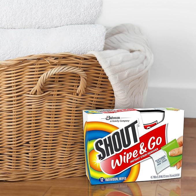 Shout Wipes Stain Remover for Clothes Laundry Instant Stain Remover and Individually Wrapped Travel Essentials Works on Everyday Stains 12 Wipes per Carton (6 Cartons) (Pack of 12)