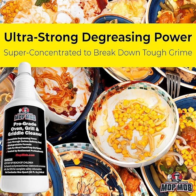 Commercial Grill and Oven Cleaner 32 Oz Concentrate 12Pk. Fast-Acting Heavy-Duty Degreaser Solution Removes Carbon Grime Burnt Food and Oil for Griddles Fryer Baskets and Kitchen Cooking Surfaces.