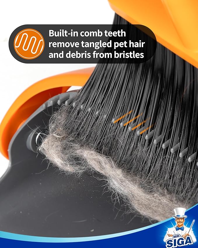 MR.SIGA Broom and Dustpan Set with Long Handle Stand Upright Broom with Dustpan Combo for Cleaning Office Garage Lobby Lightweight Sweeping Set 51.7(131 cm) Long Handle Gray &amp Orange