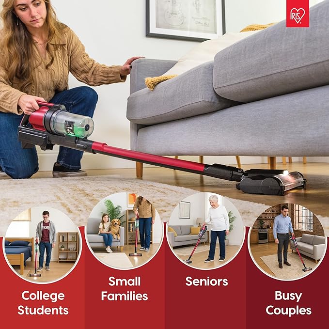 IRIS USA Cordless Stick Vacuum Cleaner Lightweight &amp Rechargeable 230W Suction 50-Min Runtime LED Dust Sensor Fast Charging Non-Slip Lean Support for Carpet Tile Hard Floors – Black