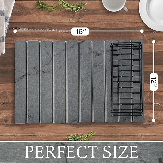 Stone Drying Mat + Foldable Black Metal Dish Rack – Complete 2-Tier Kitchen Drying System – Ultra Absorbent Dark Gray Mat for Plates Glasses &amp Cutlery – Modern &amp Hygienic Counter Organizer -