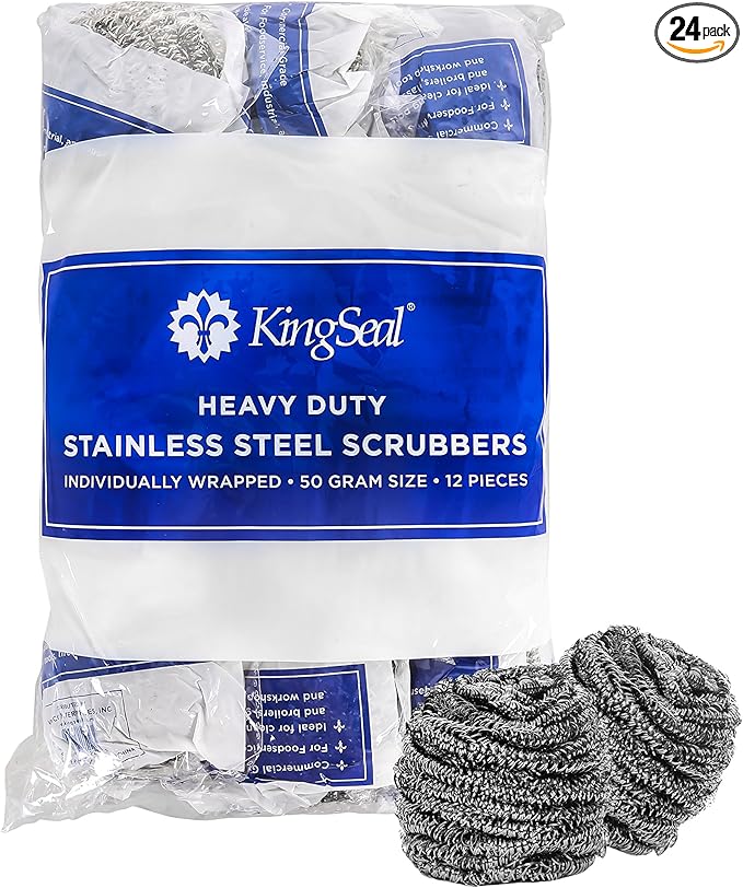 24 Count | KingSeal Stainless Steel Scrubbers Scrub Pads Heavy Duty 50 gram Weight Individually Wrapped - 2 Packs of 12 Scrubbers