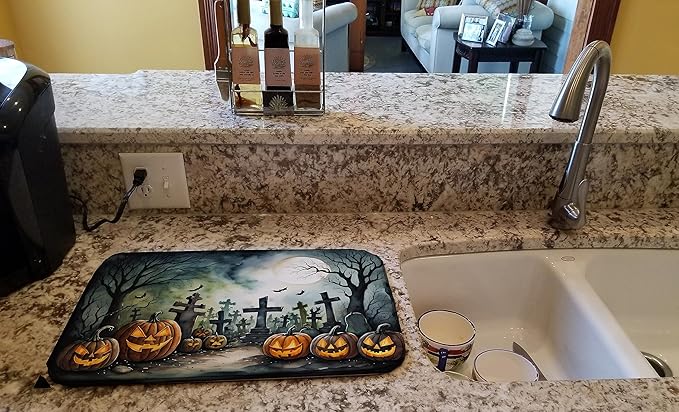 Caroline's Treasures DAC2217DDM Graveyard Spooky Halloween Dish Drying Mat Absorbent Dish Drying Mat Pad for Kitchen Counter Dish Drainer Mat for Countertop 14 x 21 Multicolor
