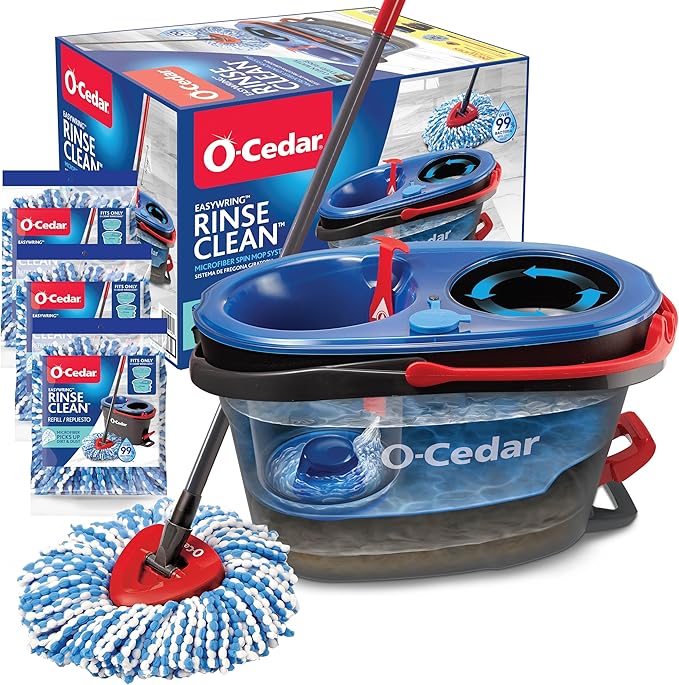 O-Cedar EasyWring RinseClean Microfiber Spin Mop &amp Bucket Floor Cleaning System with 3 Extra Refills Plastic Grey