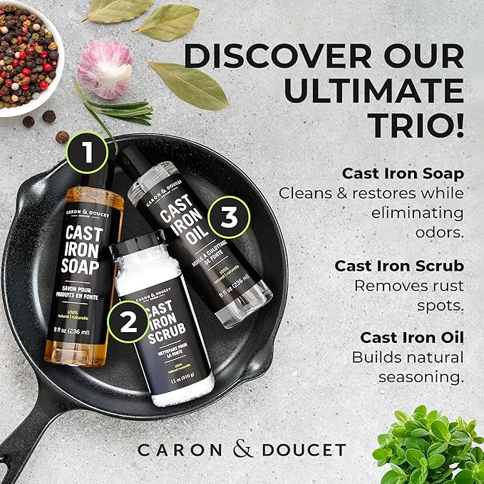 CARON &amp DOUCET - Ultimate Cast Iron Set: Seasoning Oil Cleaning Soap &amp Restoring Scrub | 100% Plant-Based &amp Best for Cleaning Care Washing Restoring &amp Seasoning Skillets Pans &amp