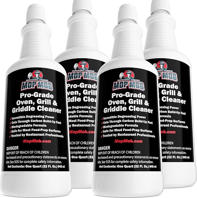 Commercial Grill and Oven Cleaner 32oz Concentrate 4pk. Heavy-Duty Fast-Acting Degreaser Solution Removes Carbon Grime Burnt Food and Oil for Griddles Fryer Baskets and Kitchen Cooking Surfaces.
