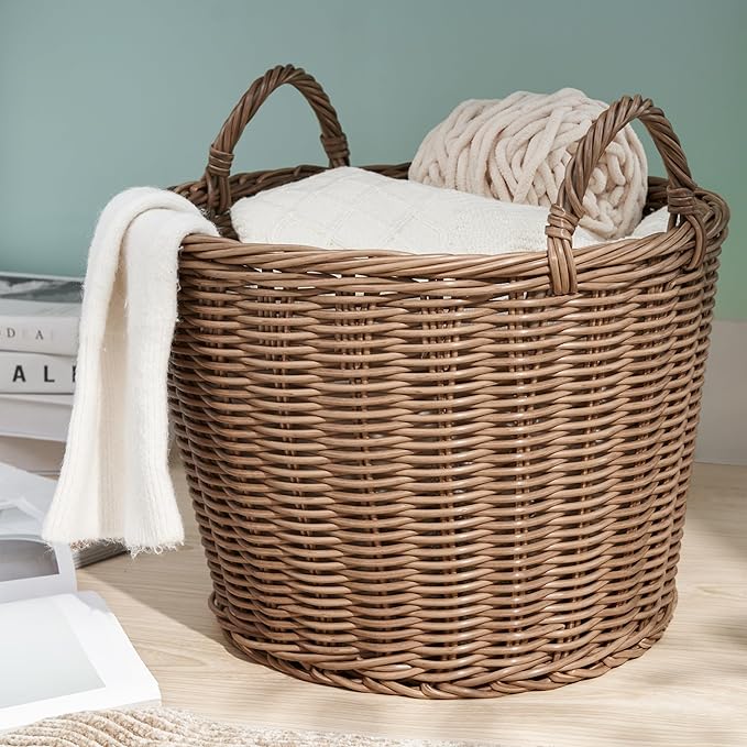 Joseph Round Cone Woven Resin Wicker Basket with Handles (16 x 16 x 10.5 - Chocolate Brown) - Perfect for Halloween Thanksgiving and Everyday Storage