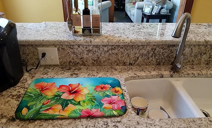 Caroline's Treasures DAC1642DDM Hawaii Hawaiian Hibiscus in Watercolor Dish Drying Mat Absorbent Dish Drying Mat Pad for Kitchen Counter Dish Drainer Mat for Countertop 14 x 21 Multicolor