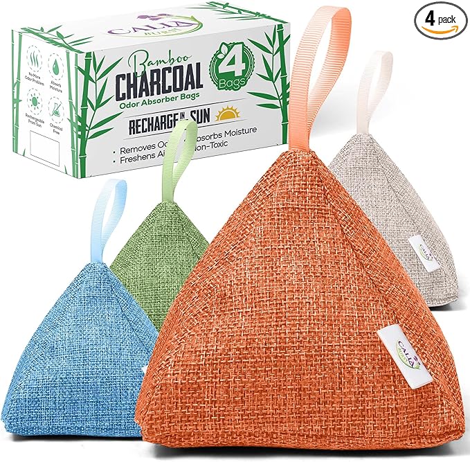 4 Pack Bamboo Charcoal Air Purifier Bags 200 Grams Each - Activated Charcoal Odor Absorber for Car Pets &amp Closet - Natural Freshener for Home Eco-Friendly &amp Reusable Charcoal Bags (Fresh Col