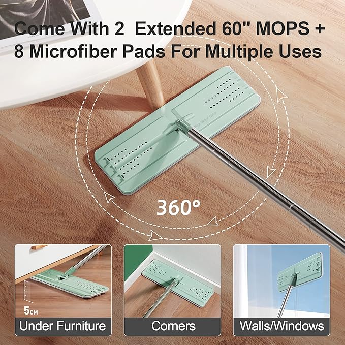 JOYMOOP Mop and Bucket with Wringer Set for Floor Cleaning and Wall Cleaner Flat Mop and Bucket System Set with 2 Mops and 8 Large Microfiber Pads - Green