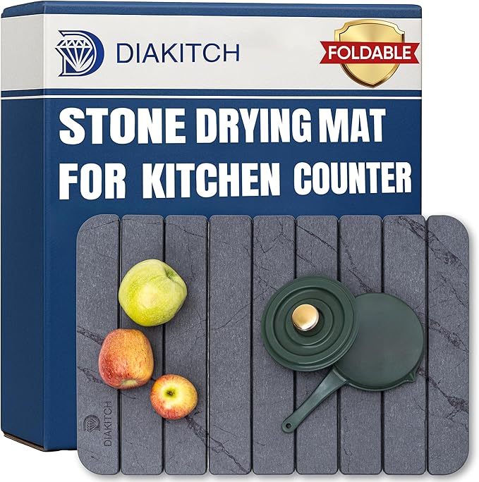 Stone Drying Mat for Kitchen Counter – Super Absorbent Stone Dish Drying Mat Foldable &amp Quick Dry Diatomaceous Earth Mat for Dish &amp Bottle Ideal for Kitchen - 23.6 x 15.4 Dark Grey