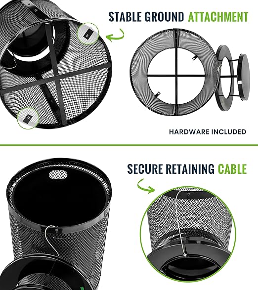 Alpine Outdoor Trash Can 36 Gallon Diamond Steel Commercial Metal Waste Bin with Leak Proof Liner Heavy Duty Steel Mesh Design Rain Bonnet Lid &amp Flat Lid for Parks Streets and Public Spaces-Bl