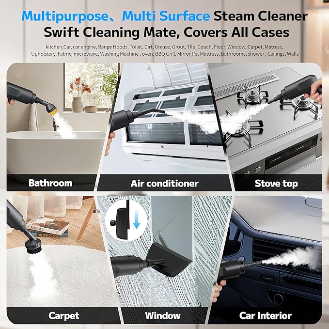 Pressurized Handheld Steam Cleaner 2500W 54oz Large-Capacity Steamer with 3-Level Adjustable Steam 15s Heat-Up &amp 15Pcs Accessories – for Car Tile Grout Couch Floor Bed Dirt Furniture