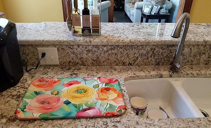 Caroline's Treasures DAC1605DDM Ranunculus in Watercolor Dish Drying Mat Absorbent Dish Drying Mat Pad for Kitchen Counter Dish Drainer Mat for Countertop 14 x 21 Multicolor