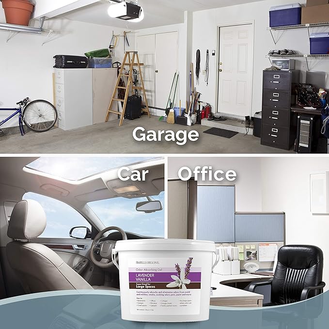 SMELLS BEGONE 1-Gallon Gel Odor Eliminator – High-Capacity Long-Lasting Absorber for Large Basements Garages Workshops &amp Commercial Areas – Remove Tough Odors with Essential Oils (Lavender Vani