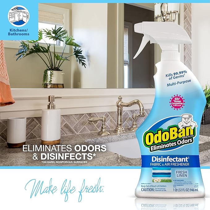 OdoBan Multipurpose Cleaner Disinfectant and Harsh Smell Eliminator Fabric/Air Freshener Pack: Ready-to-Use 360-Degree Continuous Spray Trigger Spray Solid Smell Absorber Fresh Linen Scent