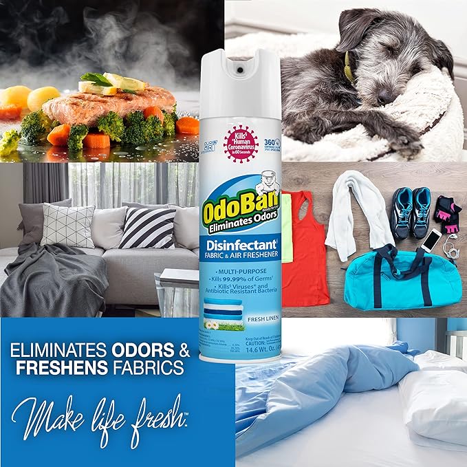 OdoBan Ready-to-Use Disinfectant and Harsh Aroma Eliminator Cleaner and Fabric/Air Freshener Set of 2 14.6 Ounce 360-Degree Continuous Spray and 32 Ounce Trigger Spray Fresh Linen Scent