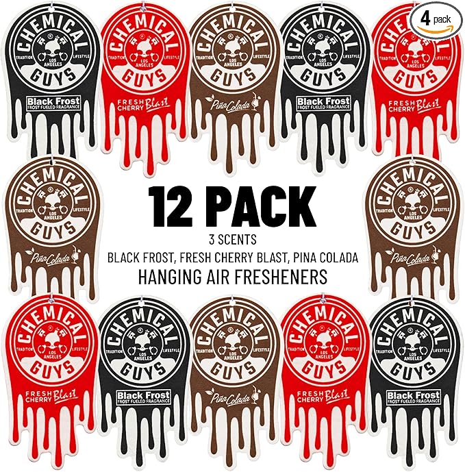 Chemical Guys Car Fresheners Hanging Air Fresheners Variety Scent Pack 12 Pack - for Cars Home Garage Workspace Dorm Room &amp More (4 x 3 Packs Black Frost Cherry Pina Colada)