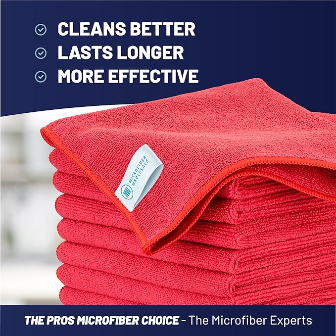 MW Pro Microfiber Cleaning Cloth | Red (12 Pack) | Size 16 x 16 | All Purpose Microfiber Towels - Clean Dust Polish Scrub Absorbent