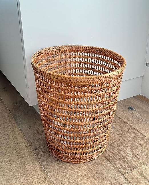 KOUBOO La Jolla Rattan Mesh Round Waste Basket Garbage Container Bin Wicker Waste Basket Woven Trash Can Rubbish Basket for Bedroom Bathroom 11 x 11 x 12 Honey Brown