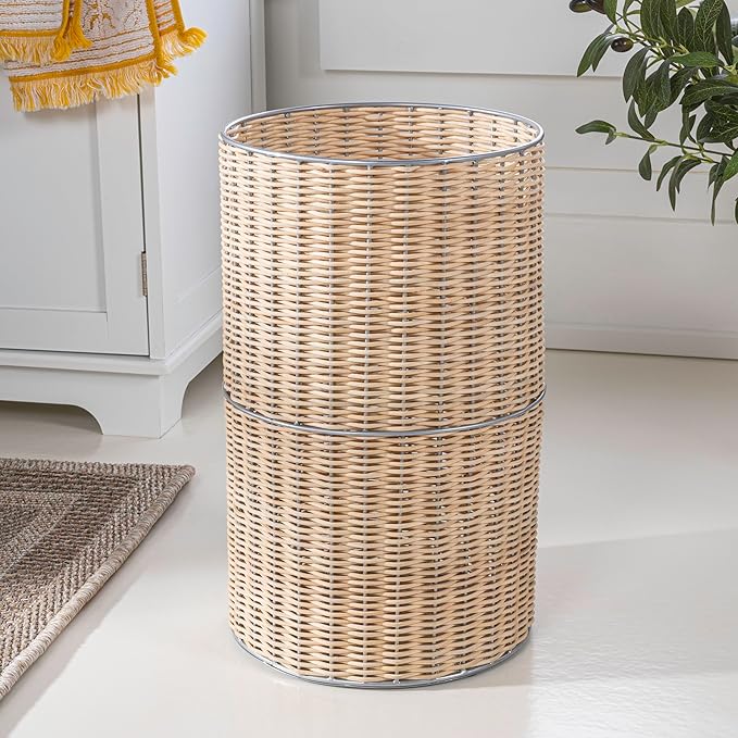 happimess HPM1100B Cecil Modern 4.13-Gallon Natural Wicker Cylinder Waste Basket Natural/Silver for Home Bathroom Living Room Office Bedroom Kitchen