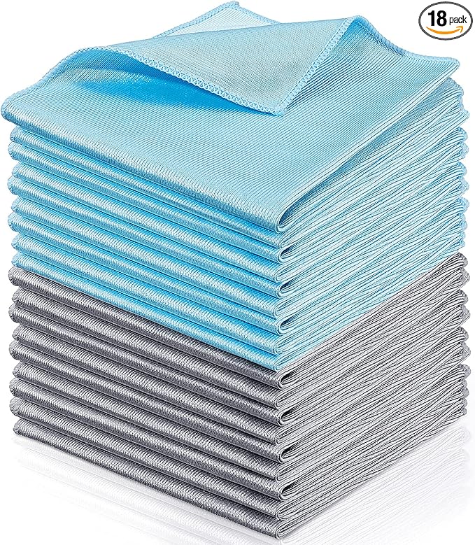 Tatuo 18 Pcs Microfiber Glass Cleaning Cloths (16 x 16) Polishing Cloth - Streak Free - Lint Free - Quickly Clean Windows Glasses Windshields Mirrors Stainless Steel Monitor(Blue Gray)
