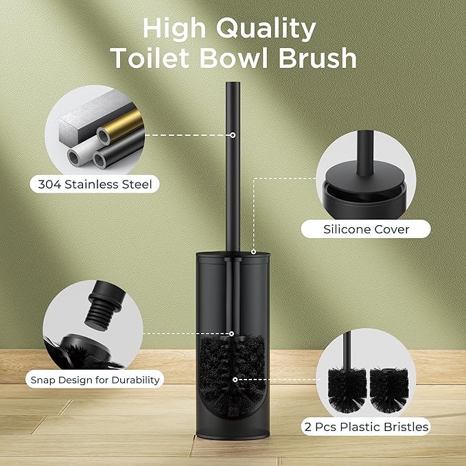 Toilet Brush and Holder Set Toilet Bowl Brush with Heavy Duty 304 Stainless Steel Base and Extra Long Handle Toilet Bowl Cleaners Brush for Bathroom (Matte Black)