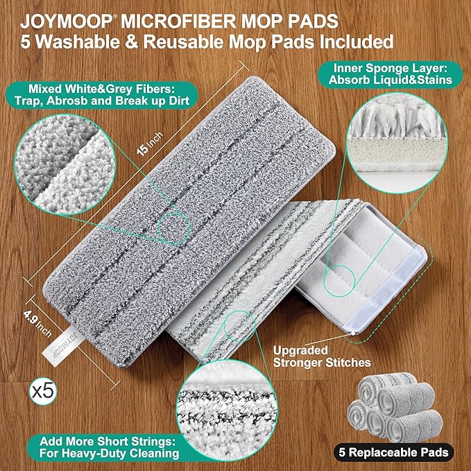 JOYMOOP Mop and Bucket Set - Mops for Floor Cleaning &amp Wall Cleaner with Long Handle Include 5 Microfiber Mop Pads - Green Bucket (X-Large)