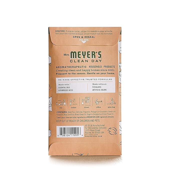MRS. MEYER'S Clean Day Air Freshener Sachets Fragrance for Your Locker Car Closet and Gym Bag Geranium Pack of 3