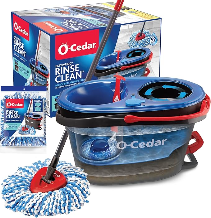 O-Cedar RinseClean Spin Mop &amp Bucket System + 1 Extra Mop Head | Clean with Clean Water | Removes 99% of Bacteria