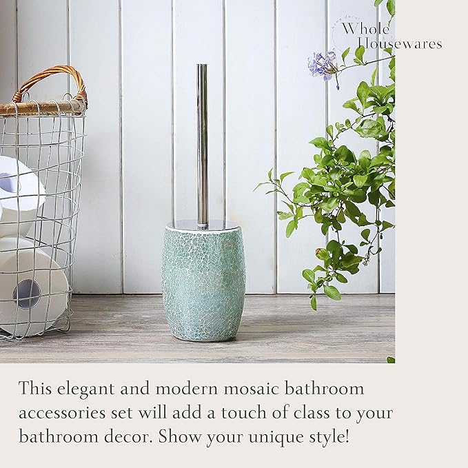 WHOLE HOUSEWARES Modern Toilet Brush Set Turquoise (1 Glass Mosaic Bathroom Accessory)
