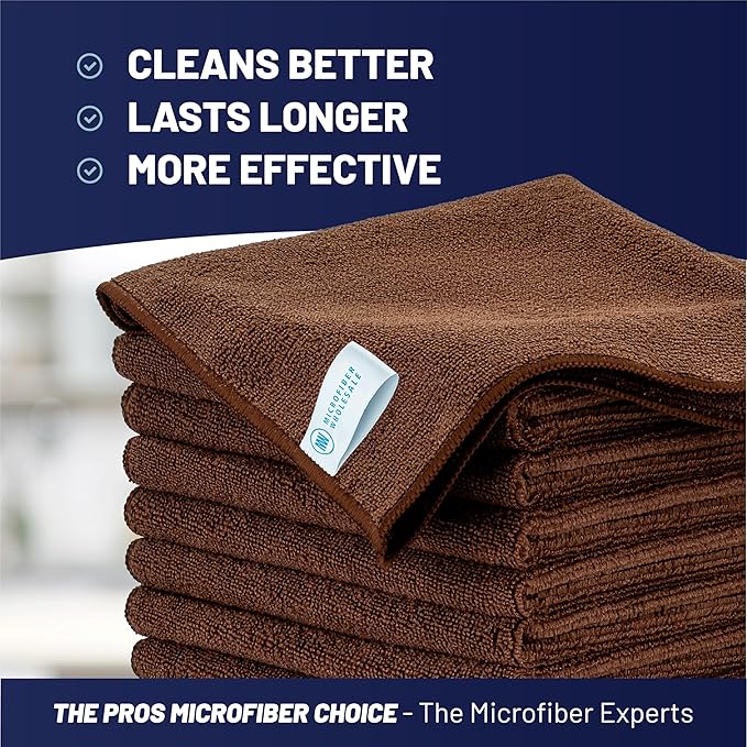 MW Pro Microfiber Cleaning Cloth | Brown | 12 Pack | 16” x 16” | Coffee Barista Espresso Towels - Clean Dust Polish Scrub Absorbent