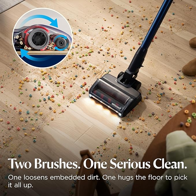 Bissell PowerClean DualBrush 280W Self-Standing Cordless Vacuum DualBrush &amp AutoAdapt Tech Self-Cleaning Brush Roll Strong Suction Removeable Battery Upholstery Tool &amp Bright Headlights