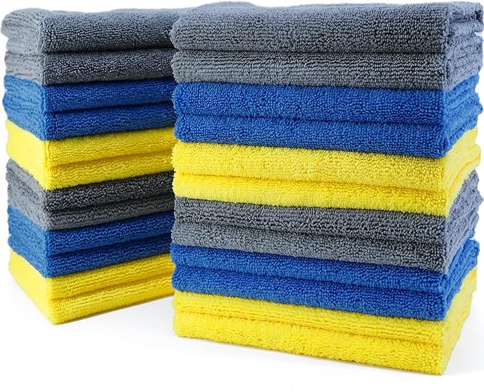 POLYTE Microfiber Cleaning Towel Ultrasonic Cut Edgeless (16x16 24 Pack Premium BlueGrayYellow)