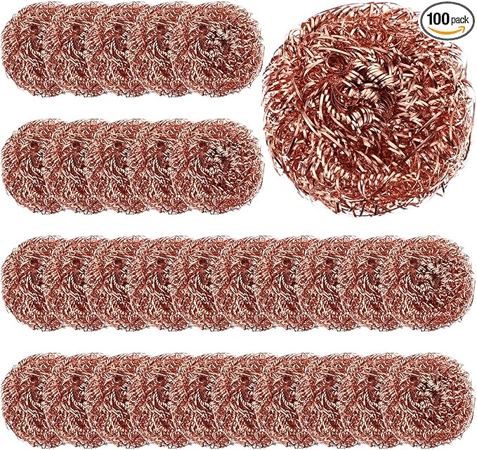 Yinkin 100 Pieces Stainless Steel Scrubber Bulk Steel Wool Scrubber Metal Sponge Wire Scouring Pad Heavy Duty Clean Dish Pot Pan and Oven for Kitchen Bathrooms and More (Copper)