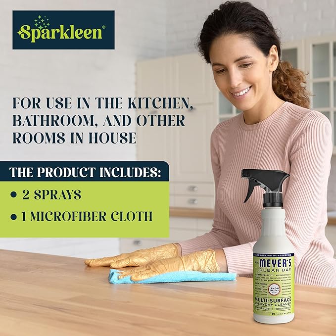 Mrs. Meyers Multi-Surface All Purpose Cleaner Set Multi-Purpose Cleaner 2 Pack 16 oz. Lemon Verbena Spray and Cloth Set Bundle for Bathroom Living Room or Bedroom