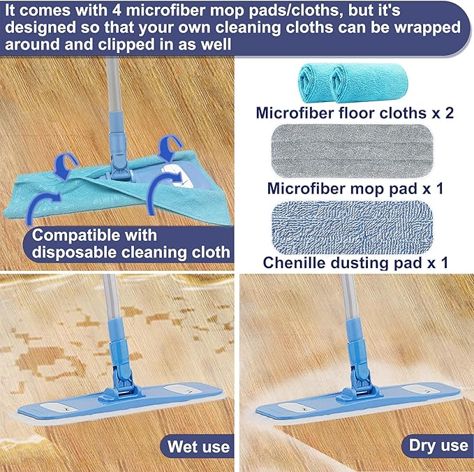 Microfiber Mops for Floor Cleaning Multi Surface Floor Cleaner with 2 Microfiber Dry Wet Mop Pads + 2 Dusting Clothes for Sweeping and Mopping